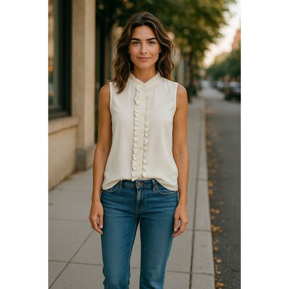 NEW Banana Republic Size PL Ruffle Front Collared Sleeveless Button Up Cream - Picture 1 of 9